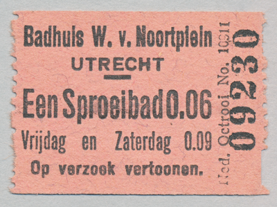 710388 Controlestrookje voor ‘Een Sproeibad’ à 6 cent (op vrijdag en zaterdag 9 cent) in het Badhuis Willem van ...